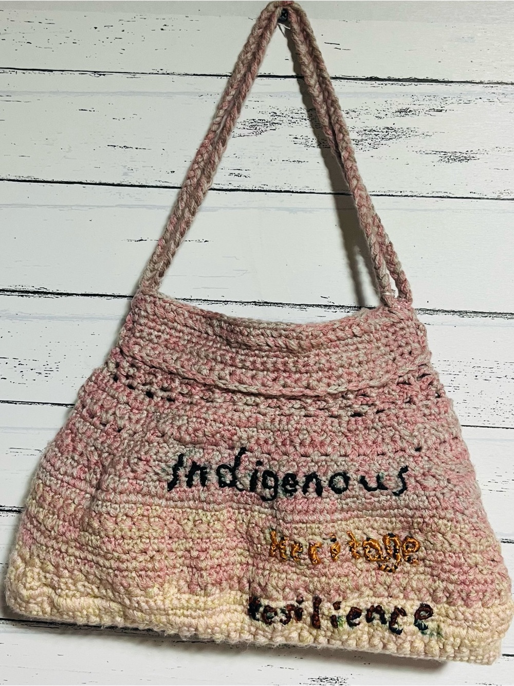 Handmade Crochet Shoulder Bag Indie Boho Tote Pink Cream Inspirational Purse